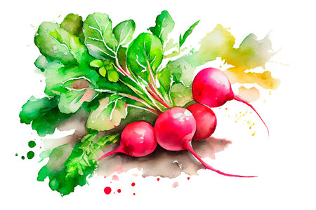 Bunch of ripe radishes with green leaves, watercolor drawing on a white background. Watercolor illustration, Generative AI.の素材