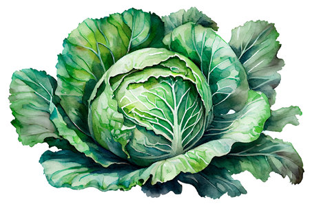 Big green cabbage, watercolor drawing on a white background. Watercolor illustration, Generative AI.の素材