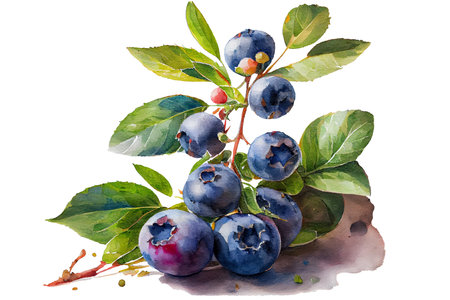Ripe blueberries on a branch with green leaves, watercolor drawing. Illustration, Generative AI.の素材