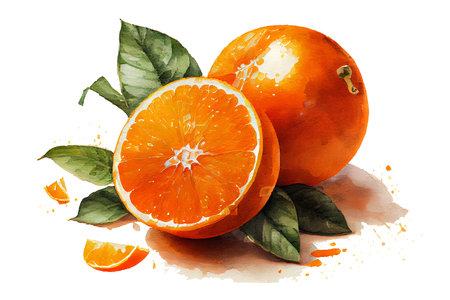 Juicy orange with green leaves, watercolor drawing on a white background. Watercolor illustration, Generative AI.の素材