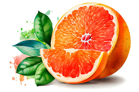 Juicy grapefruit with green leaves, watercolor drawing on a white background. Watercolor illustration, Generative AI.の素材