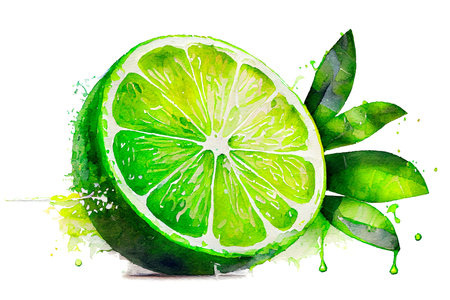 Juicy lime half with green leaves, watercolor drawing on a white background. Watercolor illustration, Generative AI.の素材