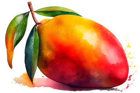 Ripe juicy mango with green leaves, watercolor drawing on a white background. Watercolor illustration, Generative AI.の素材
