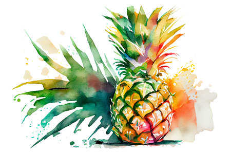 Ripe pineapple with green leaves, watercolor drawing on a white background. Watercolor illustration, Generative AI.の素材