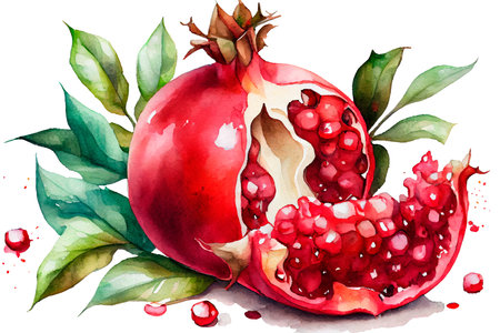Ripe juicy pomegranate with green leaves, watercolor drawing on a white background. Watercolor illustration, Generative AI.の素材