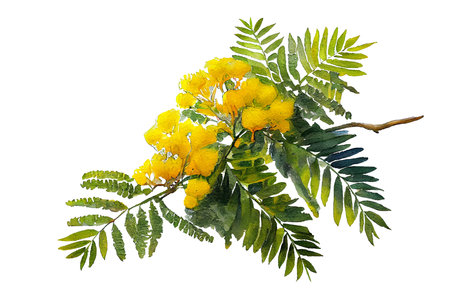 Beautiful blooming yellow mimosa, watercolor drawing isolated on white background. Generative AI.の素材