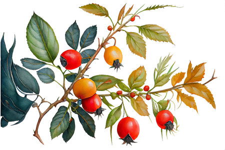 Rosehip branch with ripe fruits, watercolor drawing on a white background. Generative AI.の素材
