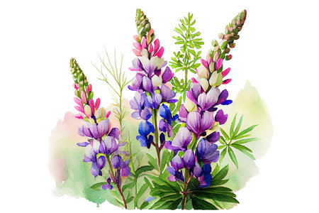 Bouquet of blooming lupine, watercolor drawing isolated on white background. Generative AI.の素材