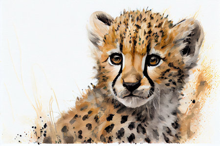 Portrait of a cheetah cub, watercolor illustration on a white background. Generative AI.の素材