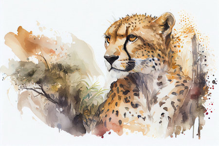 Close-up portrait of a cheetah. Wild big cat in natural habitat. Watercolor drawing on a white background. Generative AI.の素材