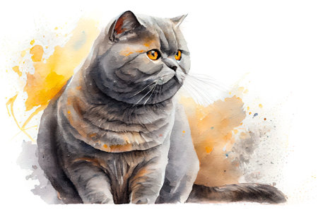 British shorthair cat with yellow eyes. Watercolor realistic illustration on a white background. Pet animals images. Generative AI.の素材