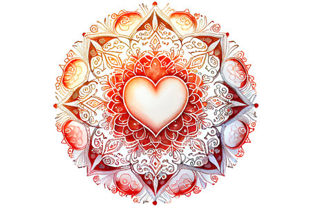 Red heart in the center of the mandala on a white background. Abstract illustration Valentines Day Heart. Generative AI. Element for design.の素材