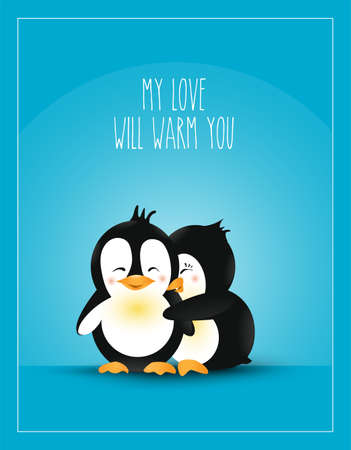 Love themed. Postcard design love. Warm hug cute cartoon penguins. Care and love vector illustration.のイラスト素材