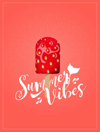 Summer mood, Poster, Text, Strawberry Ice Cream, Vector Illustration.のイラスト素材