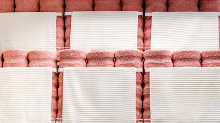 Pink bath mats rolled up into rolls, and beneath them hung white towels smaller.