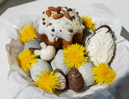 Easter. The basket contains a cake with nuts and Easter eggs of a beautiful gray color, chocolate...