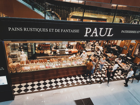 DUBAI, UAE - March 22, 2018: Showcase of Paul cafe. French bakery cafe at Dubai mall, UAE.のeditorial素材