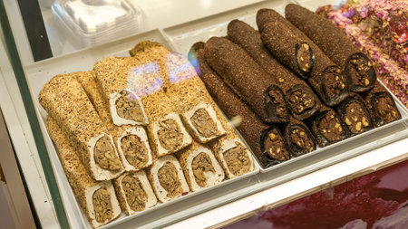 Traditional Turkish delights sweets nougat at the market showcase.