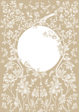vector round frame with branches, flowers and birdsのイラスト素材