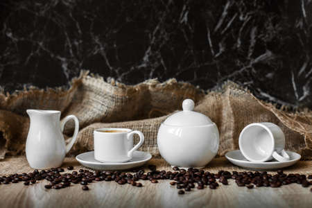 Coffee beans, Espresso, white cupの写真素材