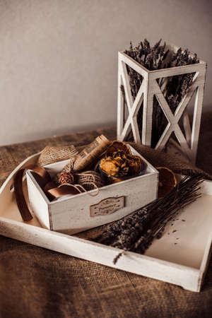 tea cup on wooden tray, lavender, wooden boxの写真素材