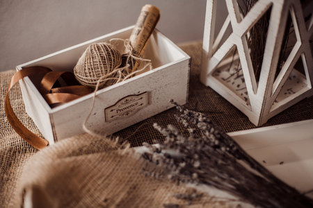 tea cup on wooden tray, lavender, wooden box