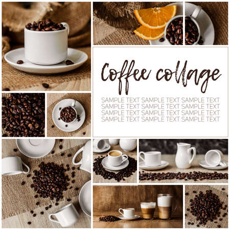 Coffee collage, coffee beans, espresso, cappuccino, latte. Space for the text.の写真素材
