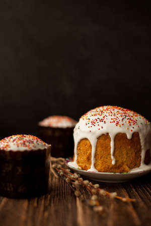 Easter celebration. Cakes and Easter eggs. colored eggs.の写真素材