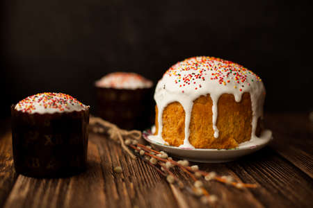 Easter celebration. Cakes and Easter eggs. colored eggs.の写真素材