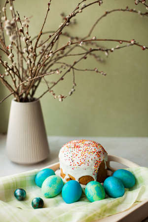 Easter celebration. Cakes and Easter eggs. colored eggs.の写真素材