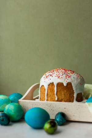 Easter celebration. Cakes and Easter eggs. colored eggs.の写真素材