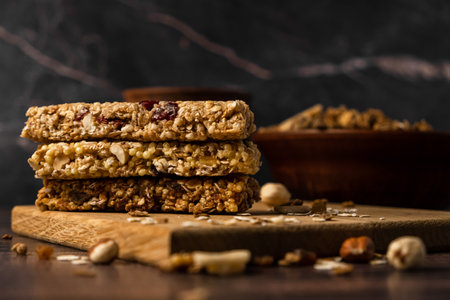 energy fitness breakfast. Chocolate granola with dried fruits, various granola bars on a wooden background.の写真素材