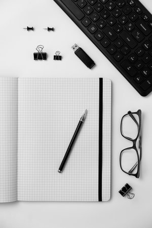 office supplies on white background. Flat lay, top view, copy spaceの写真素材