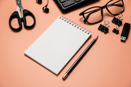 office desk table with supplies. Top view with copy space. flat layの写真素材