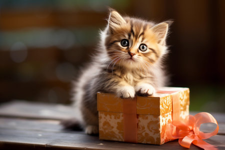 Cute siberian kitten sitting on a wooden table with a gift boxの素材