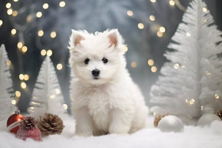 Cute white puppy of West Highland White Terrier sitting on snow with Christmas decorations.の素材