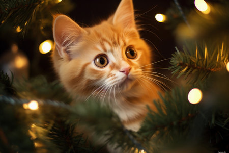 Cute ginger kitten on the background of the Christmas tree with garlandsの素材