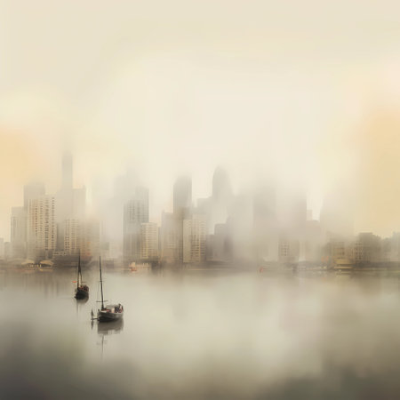 Foggy cityscape with boats and skyscrapers in the backgroundの素材