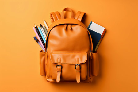 School backpack with stationery on orange background. Back to school conceptの素材
