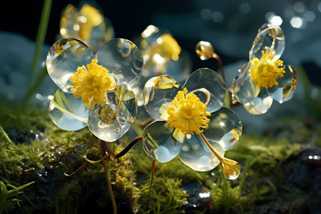 Close up of yellow flowers in transparent bubble on green moss background. crystal flowersの素材