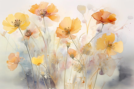 Beautiful poppies flowers, watercolor painting on white backgroundの素材