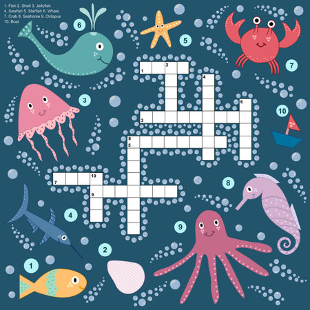 Crossword for children about sea life. Vector educational gameのイラスト素材