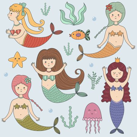 Funny colorful set with cute mermaids, fish, jellyfish, starfish and seaweeds. Vector illustrationのイラスト素材