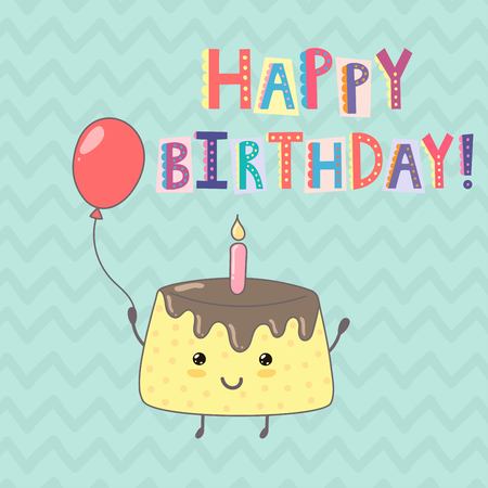 Happy Birthday greeting card with a cute cake. Vector illustrationのイラスト素材