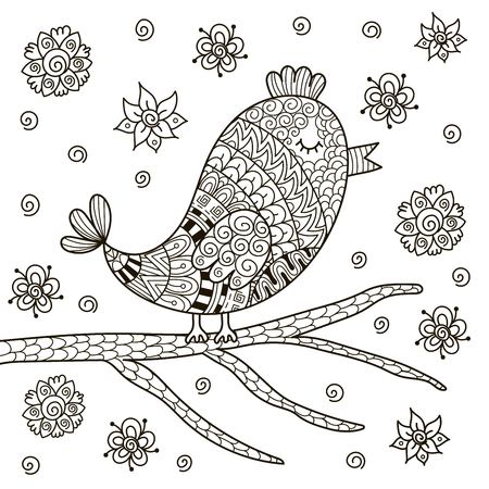 Cute zentangle bird sitting on branch for coloring book. Black and white background. Vector illustrationのイラスト素材