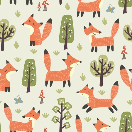 Forest seamless pattern with cute little foxes and trees. texture in childish style great for fabric and textile, wallpapers, web page backgrounds, cards and banners designのイラスト素材