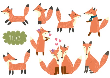 Cute foxes collection. Cartoon forest animal set. Vector illustrationのイラスト素材