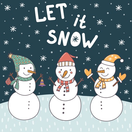 Let It Snow christmas card with cute snowmen and falling snow. Vector illustrationのイラスト素材