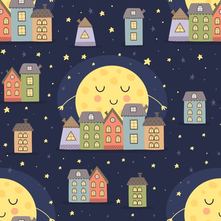 Good night seamless pattern with sleeping moon and cartoon city landscape. Vector illustrationのイラスト素材