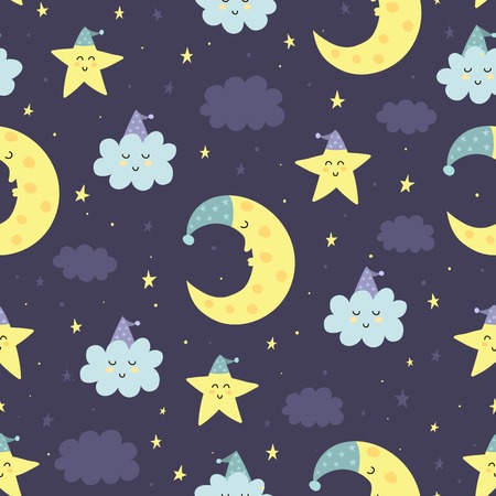 Good Night seamless pattern with cute sleeping moon, stars and clouds. Sweet dreams background. Vector illustrationのイラスト素材